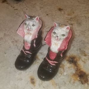 Porcelain cat in boot salt and pepper shakers